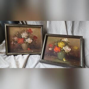 Vintage Oil Floral Art Set in Gold/Brown Frames